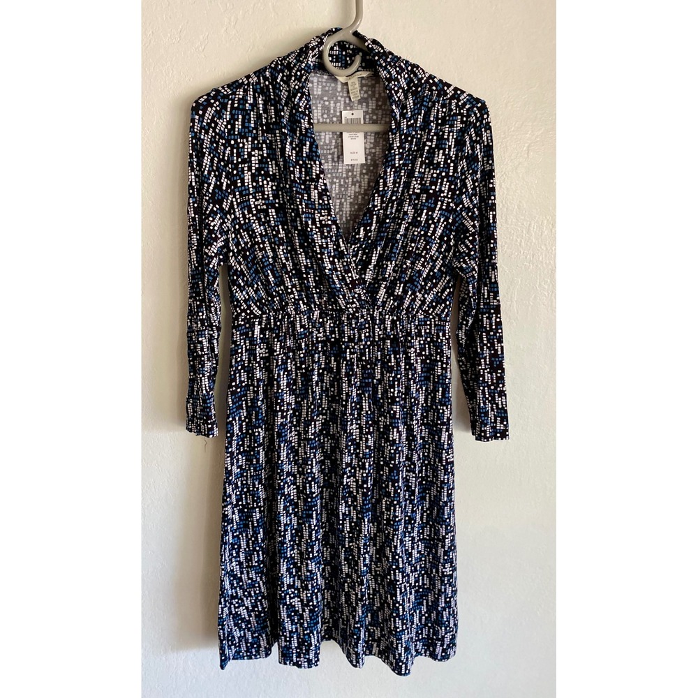 NEW Soma Dressed Up Casual Front Drape Black Blue White Geometric Dress  M